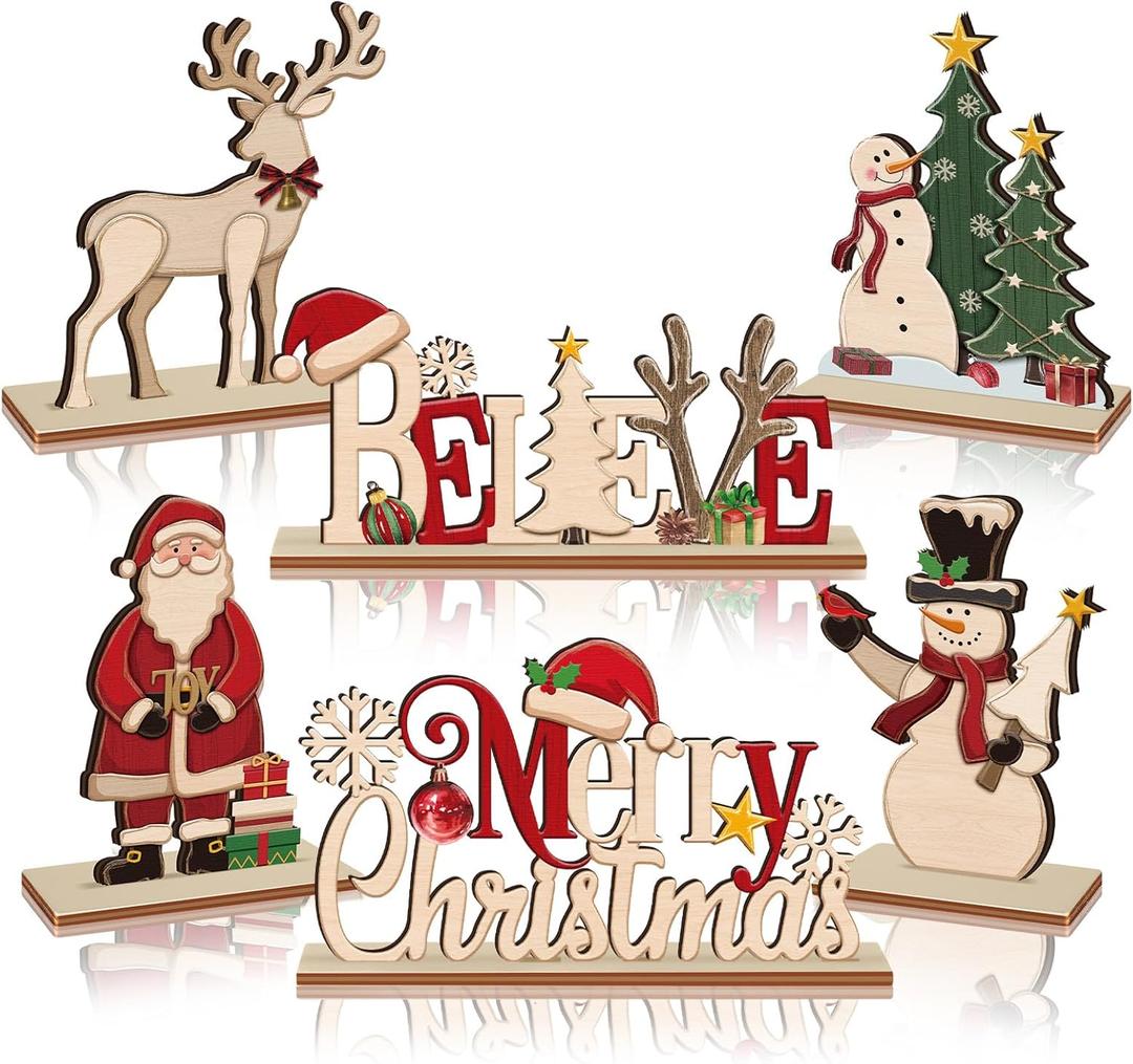 Thyle 6 Pcs Christmas Table Decorations Vintage Christmas Centerpieces for Tables Wooden Retro Snowman Tree Reindeer Santa Claus Joy Believe Tabletop Sign for Xmas Winter Holiday Dinner Party Supplies