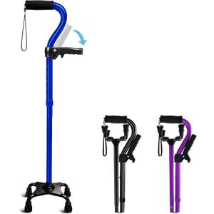Adjustable Walking Cane for Men & Women with 4-Pronged Base for Extra Stability - Foldable Cane for Seniors with Foam Padded Offset Handle for Soft Grip & a Second Handle for Standing (Blue)
