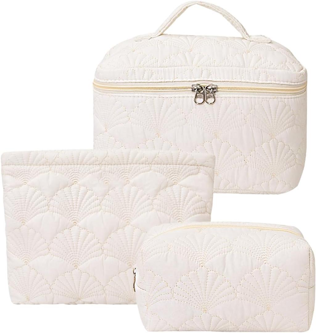 3 Pieces Quilted Cotton Makeup Bag,Large Capacity Cosmetic Organizer for Travel,Portable Cute Toiletry Pouch for Women,Makeup Artists,Organizing Enthusiasts,White Shell (3 Pack,Medium)