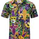 Men's Mardi Gras Button Shirt Mardigras Jester Mask Short Sleeve Shirt Carnival Funny Purple Jewelry Beads Shirt L