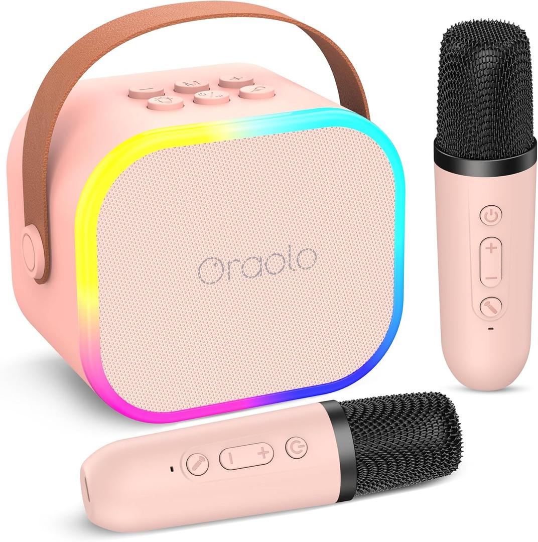 Oraolo Karaoke Machine with 2 Wireless Microphones, Portable Mini Karaoke for Kids, Funny Magical Sound Modes, Speaker Support Multi-Channel Connection, Birthday Gifts for Girls Boys