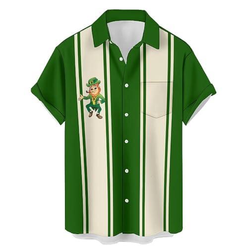 Mazulun St. Patrick's Day Shirts for Men Hawaiian Button Down Beach Shirts Casual Short Sleeve Bowling Shirts White Green XXL