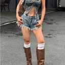 Women's Ripped Raw Hem Denim Shorts Retro Low Rise Jeans Shorts with Pockets (Blue)