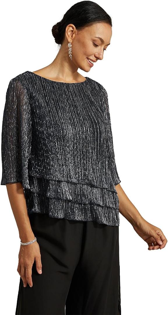 Women's 3/4 Sleeve Sparkle Tops Ruffle Shiny Blouses for Women Dressy Casual Pleated Layered Flowy Chiffon Shirt (S)