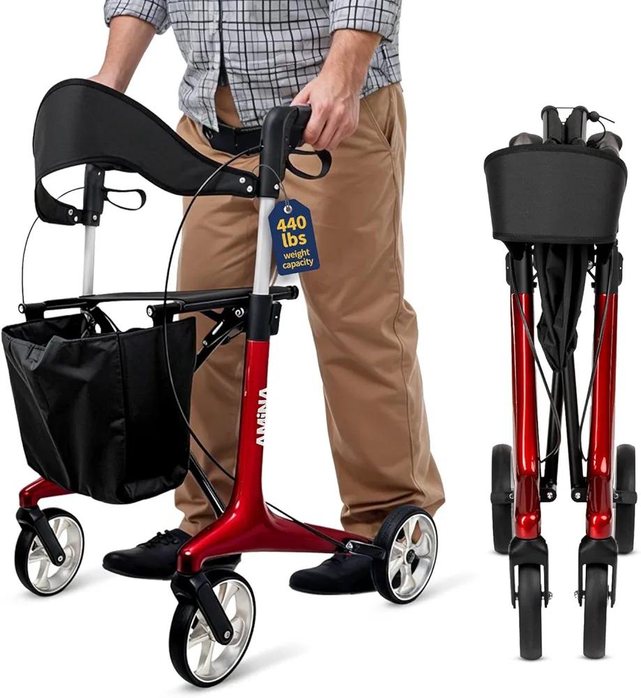 AMiNA Carbon Fiber Rollator Walker with Seat 440 lbs Capacity Red – Foldable Ultra‑Lightweight Rollator Walkers for Seniors with Seat, Hand Brakes and Removable Basket for Compact Routine Mobility