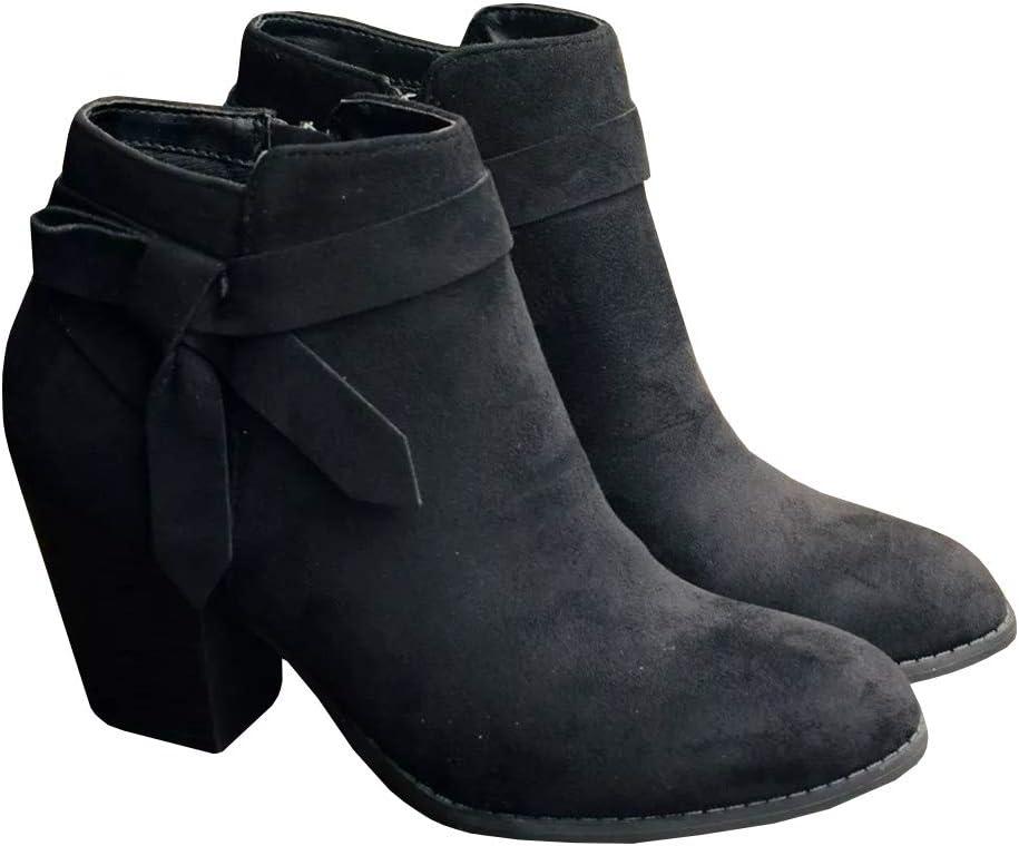 PiePieBuy Women's Tie Knot Chelsea Pump Ankle Boots Closed Toe Stacked Heel Booties Shoes (7.5, Black)