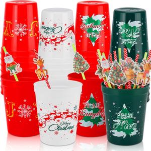 Ainibar 24 Pack Christmas Party Cups - 16oz Red, Green & White Stadium Cups with 24 Paper Straws, Festive Designs for Holiday Celebrations