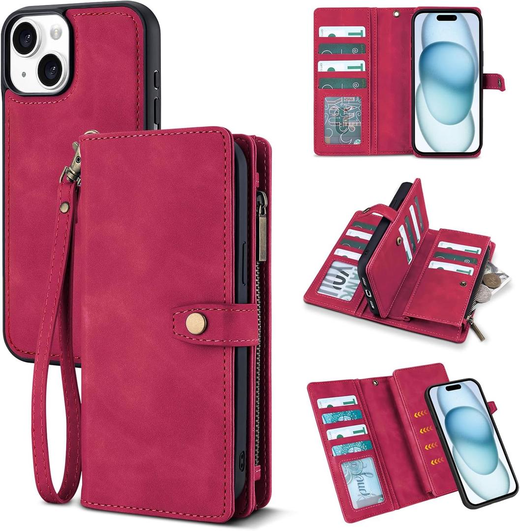 TwoHead Wallet Case Compatible with iPhone 15,Detachable Magnetic Phone Case,All-Round Protective Leather Phone Case with Card Holder,6.1 in,Wine Red
