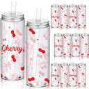12 Pcs Cherry Pink Bow Plastic Cups with Lids and Straws Reusable Drinking Plastic Bottle for Cherry Birthday Party Decorations She's Ready to Pop Baby Shower Supplies