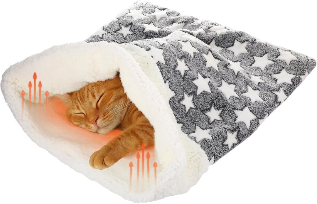 Clysee Self Heating Cat Sleeping Bag Indoor Self Warming Cat Bed Cave Heated Pad Cozy Soft Winter Washable Wrap Pet Snuggle Sack Pouch for Puppy Dog Kitten, 24 x 21 Inch(Classic,Gray)