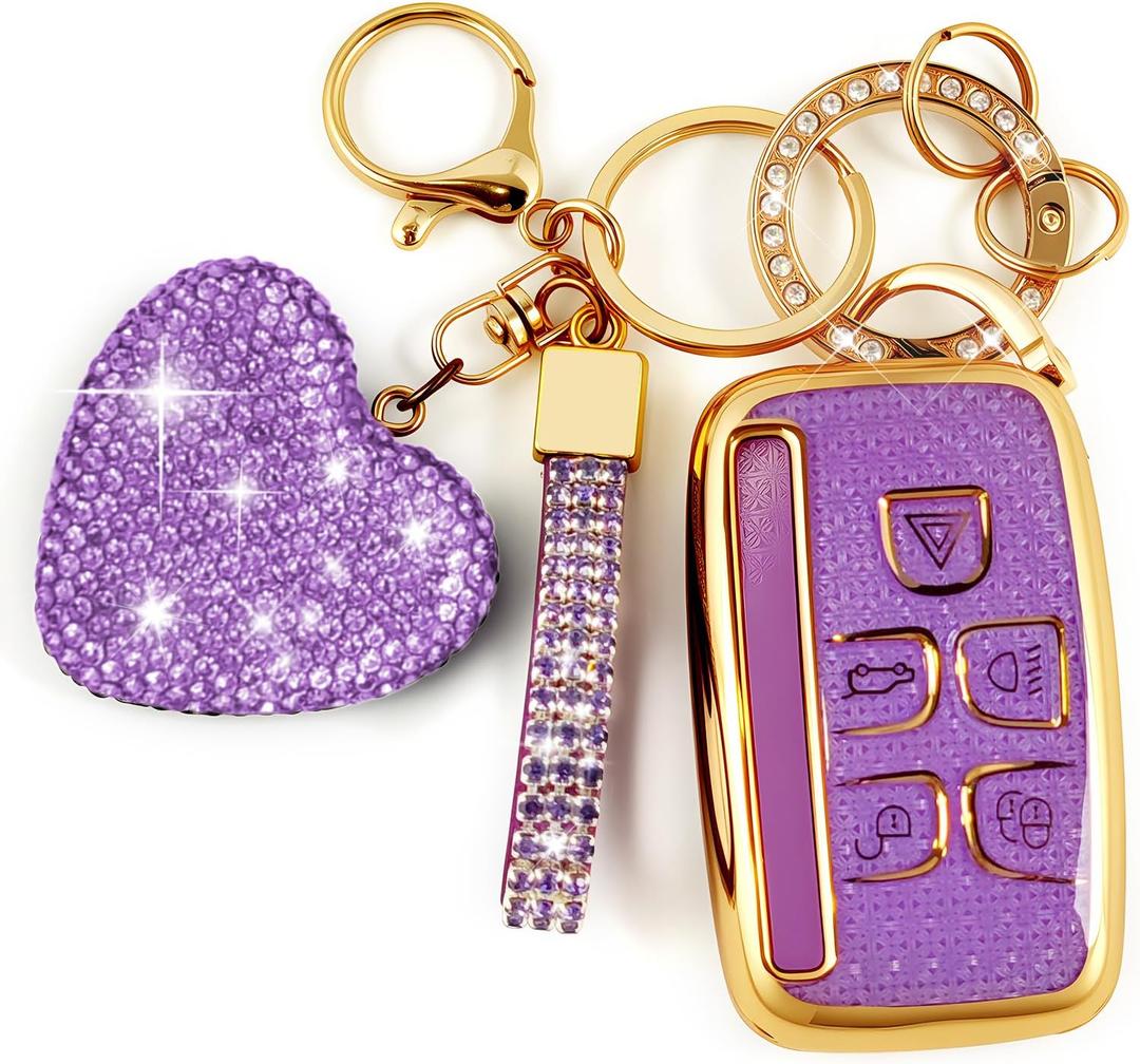 Key Fob Cover with Diamond Bling Keychain, Compatible with L-Rover 2012-2019, Fit for R-Rover, TPU Smart Key Case and Rhinestone Heart for Women (5 Buttons, Purple)