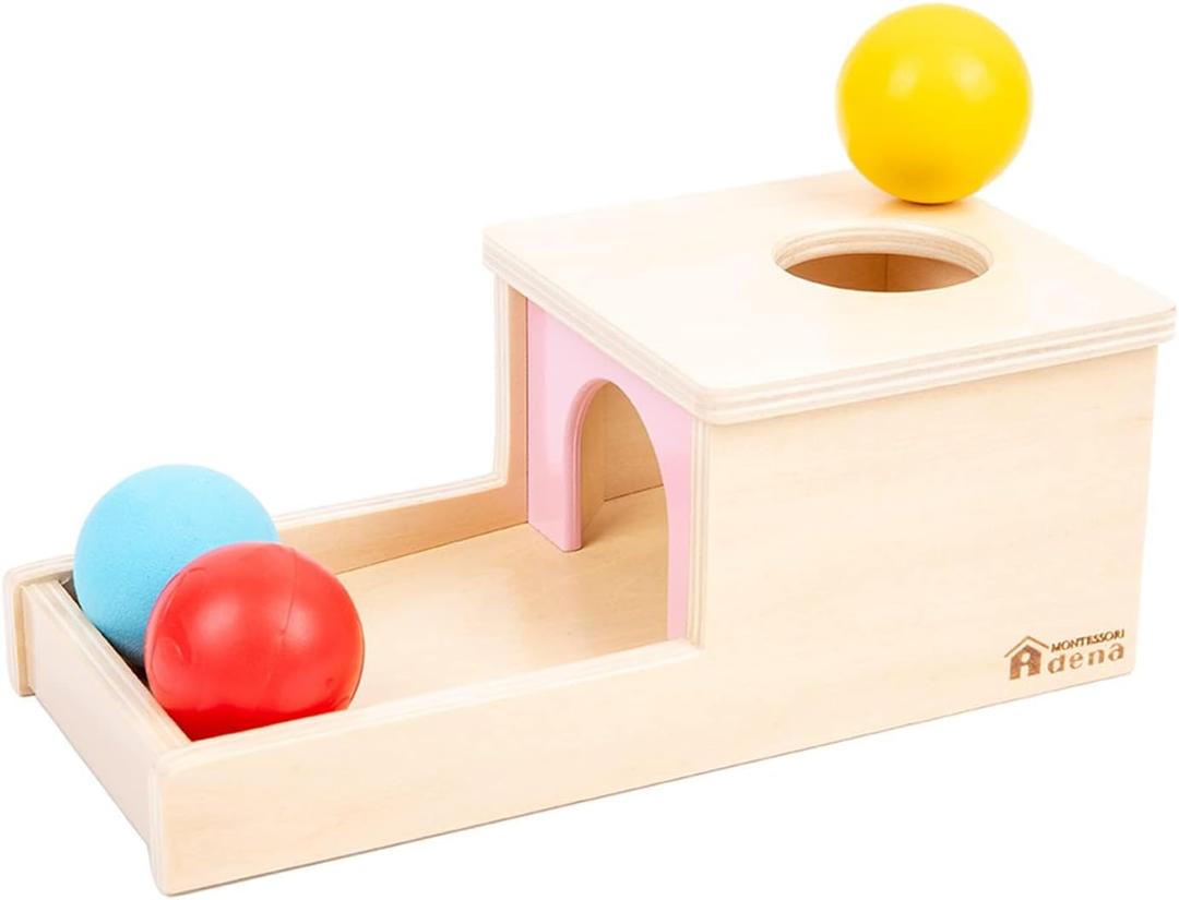 Adena Montessori Object Permanence Box with Tray Three Balls Montessori Toys for 6-12 Months Baby 1 Year Old Infant Toddler Wooden Pink Door for Girl