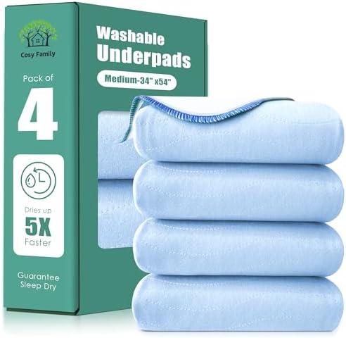 Cosy Family Waterproof Washable Underpads, 34" x 52" - Heavy Absorbency Reusable Bedwetting Incontinence Pads for Adults, Elderly and Pets - Protective Pad, White and Light Blue, (Pack of 4)