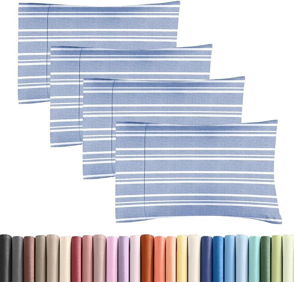 Standard Pillow Cases Set of 4 - Soft Hotel Quality Pillowcase Covers - Comfy, Cozy Bedding for Women, Men, Kids & Teens - Machine Washable Pillow Protectors - 4 Piece - Standard Size Blue Stripes