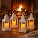 White Lanterns Decorative Set of 4 with LED Flameless Candles Indoor Outdoor Lantern Decor with 4 Hour Timer Hanging or Tabletop Patio Porch Wedding Centerpiece 9 3/8" H