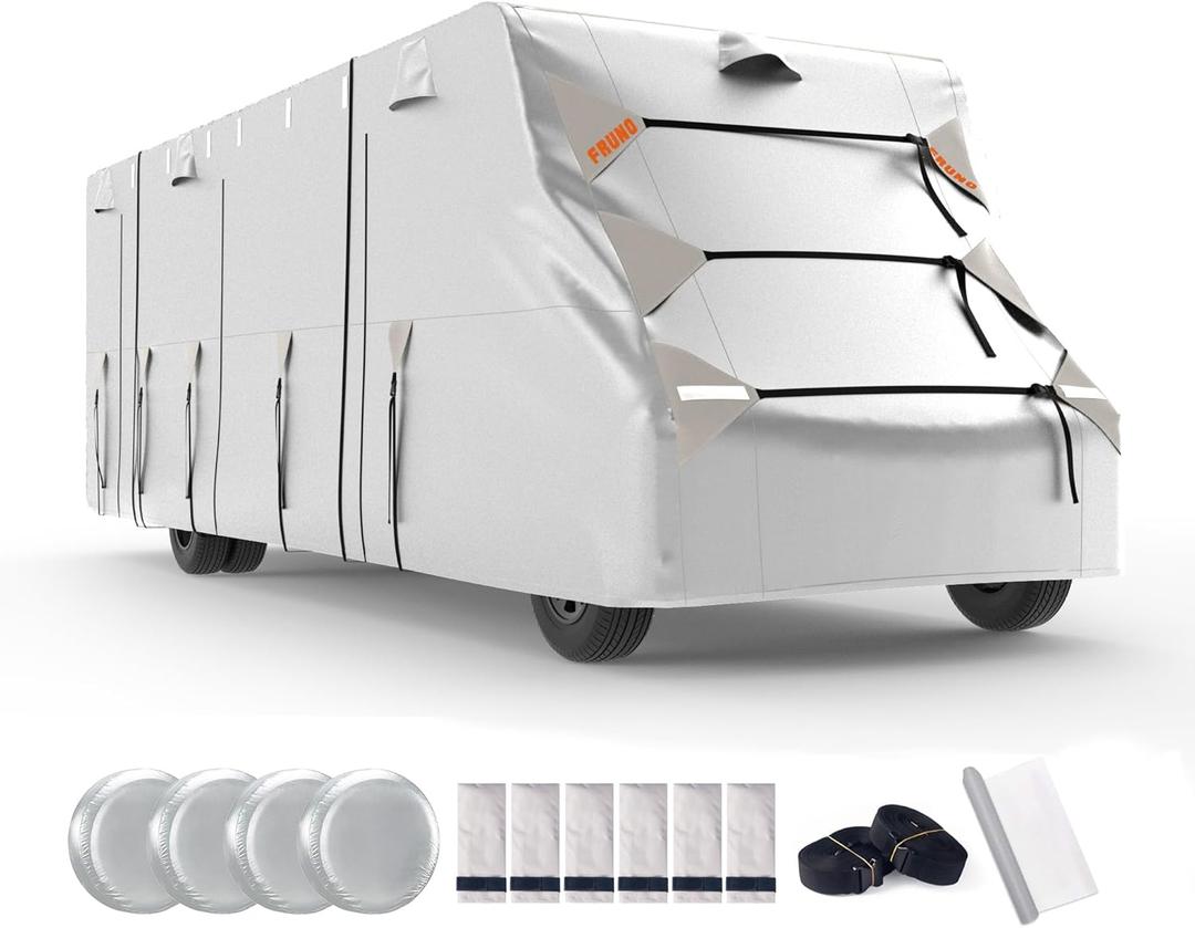 FRUNO Oxford Fabric Class C RV Cover Fits 23'-26' Waterproof Rip-Resistant Anti-UV Motorhome Camper Cover for Winter Snow with 4 Tire Covers and Gutter Covers