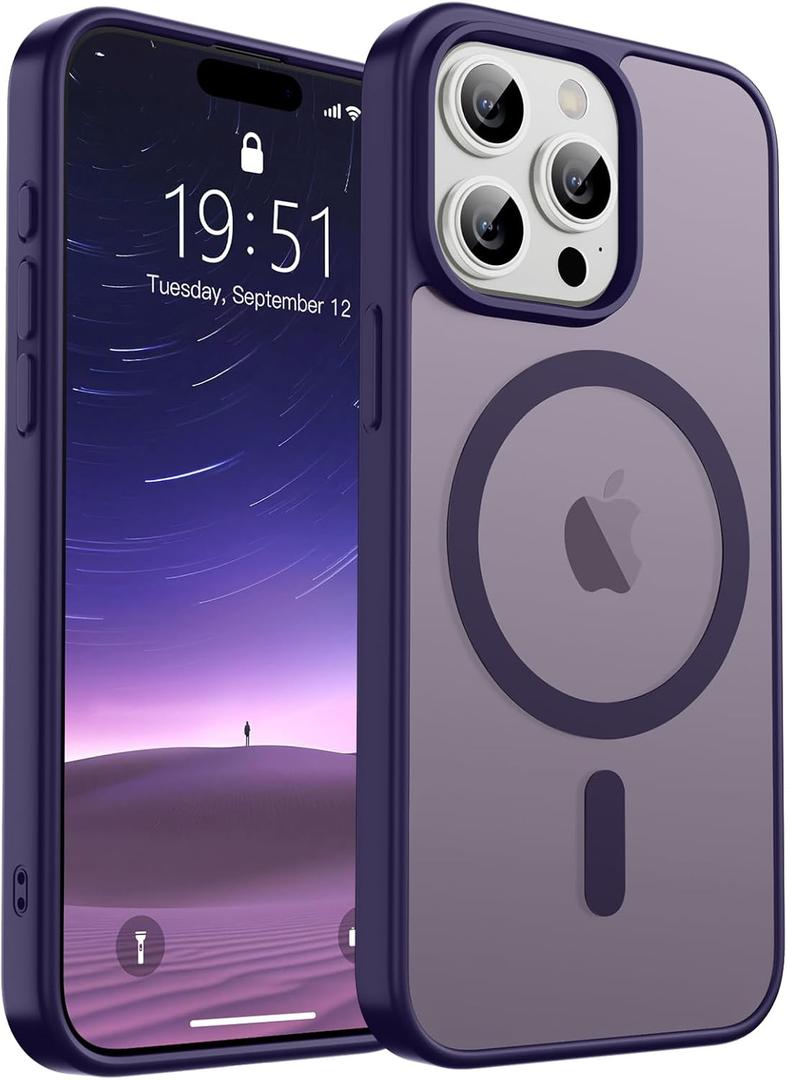 Magnetic for iPhone 15 Pro Case (Compatible with MagSafe) (Military Grade Drop Protection) Translucent Matte Shockproof Phone Case, Dark Purple