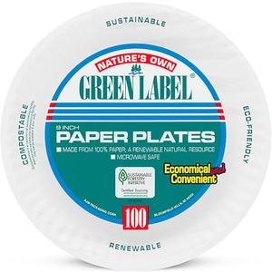 GREEN LABEL 9" WHITE PAPER PLATES 10/100CT