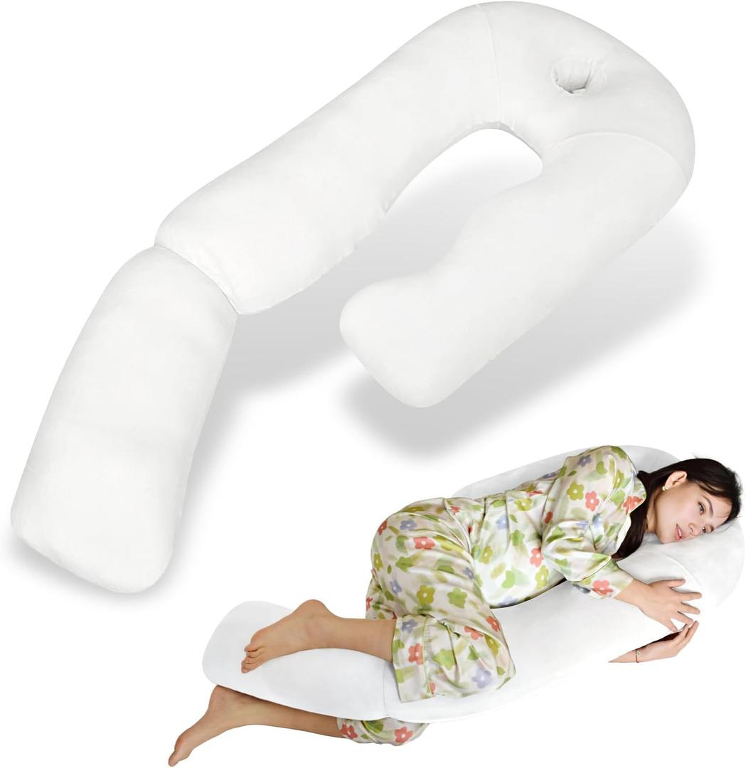 Pozico U-Shaped Full Body Pillow for Side Sleepers 51-Inch Body Pillow with Ear Piercing Design Cooling Pregnancy Pillow Orthopedic Support for Back, Neck & Hip Soft Washable Velvet Cover