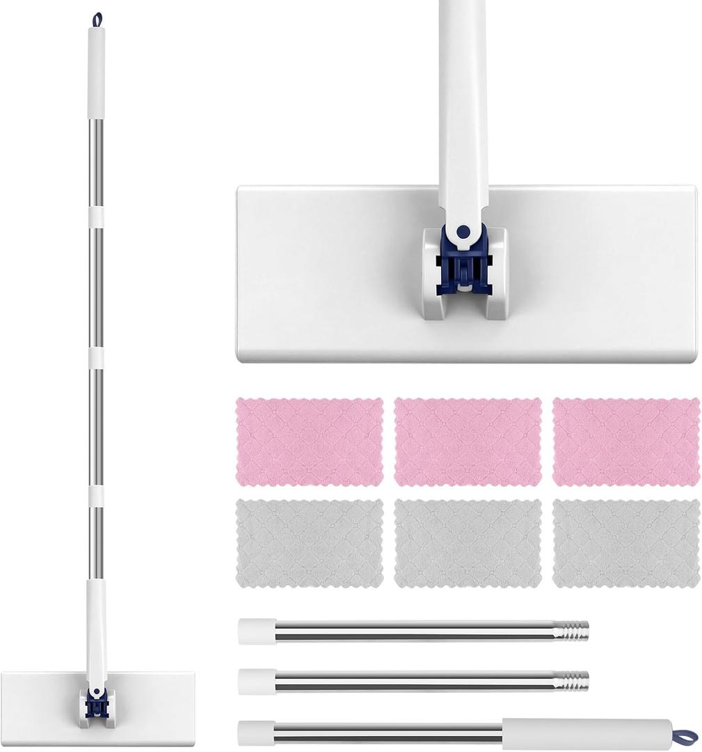 Snap Grip Mini Mop with 6 Washable Pads, Dust Mop Household Items for Wall Window Ceiling, Lazy Dry Wet Mops for Floor Cleaning for Home Kitchen Bathroom, Zero-Touch Flat Floor Mops with 47" Handle