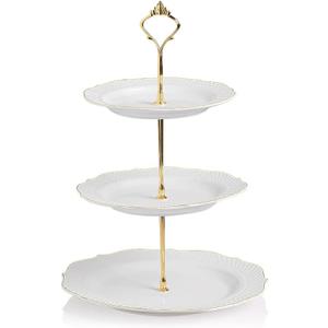 Sweejar 3 Tier Ceramic Cake Stand Wedding, Dessert Cupcake Stand for Tea Party Serving Platter (New White)