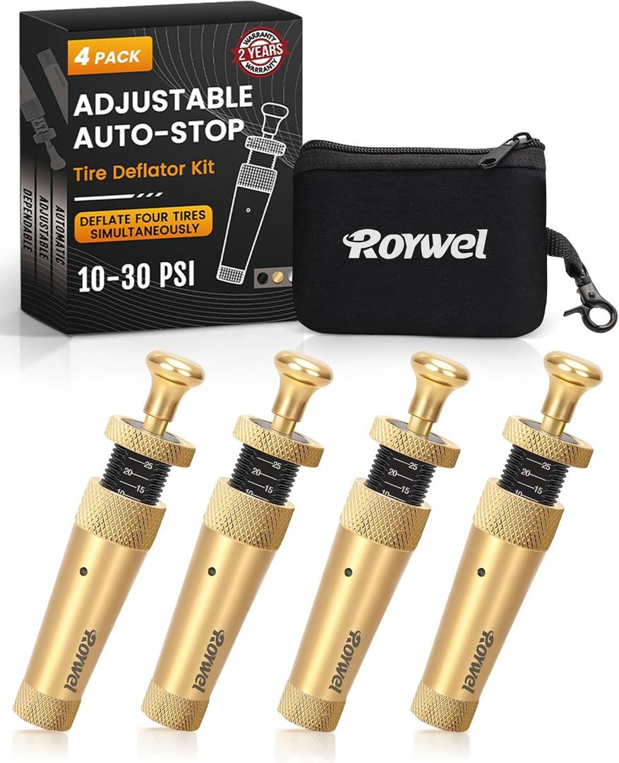Pro-Calibrated Tire Deflator kit 10-30PSI(4PCS) 2 PSI High Accuracy, CNC-Machined Brass, Air Down Tire Deflators for Off-Road, SUV, Truck (Gold)