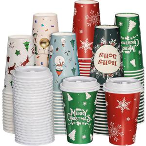 Christmas Cups, 60 Pack 16 Oz Christmas Disposable Coffee Cups with Lids, To Go Coffee Cups, 6 Designs Coffee Drinking Paper Cups for Hot Chocolate, Hot Cocoa, Xmas Dinner Party