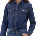 Spring&Gege Girls Denim Western Pearl Snap Shirt Cowgirl Tie Knot Crop Button Down Shirt Long Sleeve Wrinkle Free Blouse Top (13-14 Years, Indigo Dark Blue)