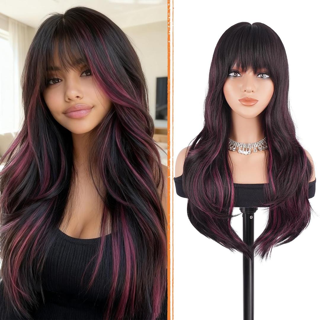 Haloo Brown Wigs with Bangs - Long Layered Natural Looking Synthetic Heat Resistant Wavy Hair Wigs for Women Daily Party, 26 Inch Black Brown Mixed Pink
