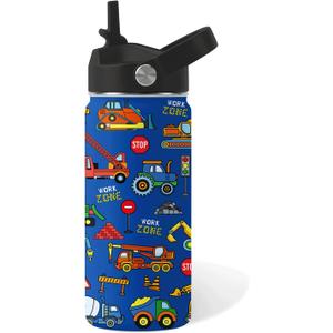 Construction Gifts for Men & Women - 16 Oz Water Bottle with Straw Lid, Stainless Steel Insulated Tumbler, Leak Proof, BPA-Free, for Boys, Travel - Truck Lovers Teen Birthday Gifts Cups(1pc)