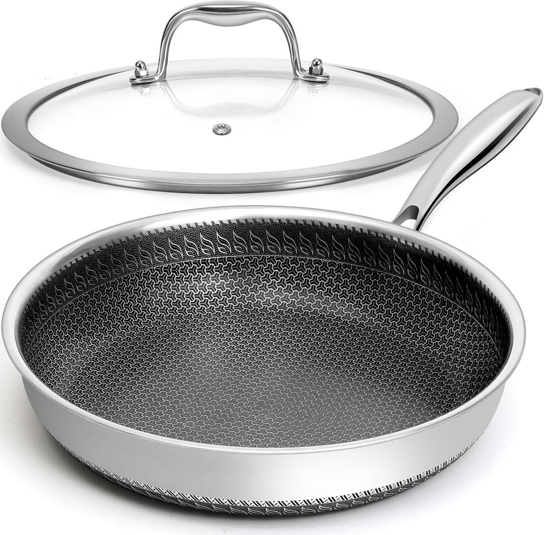Soday 12 inches Frying Pan Nonstick Deep Saut Pan and Lid, Non Stick Stainless Steel Pan Dishwasher and Oven-Safe, Compatible with All Cooktops