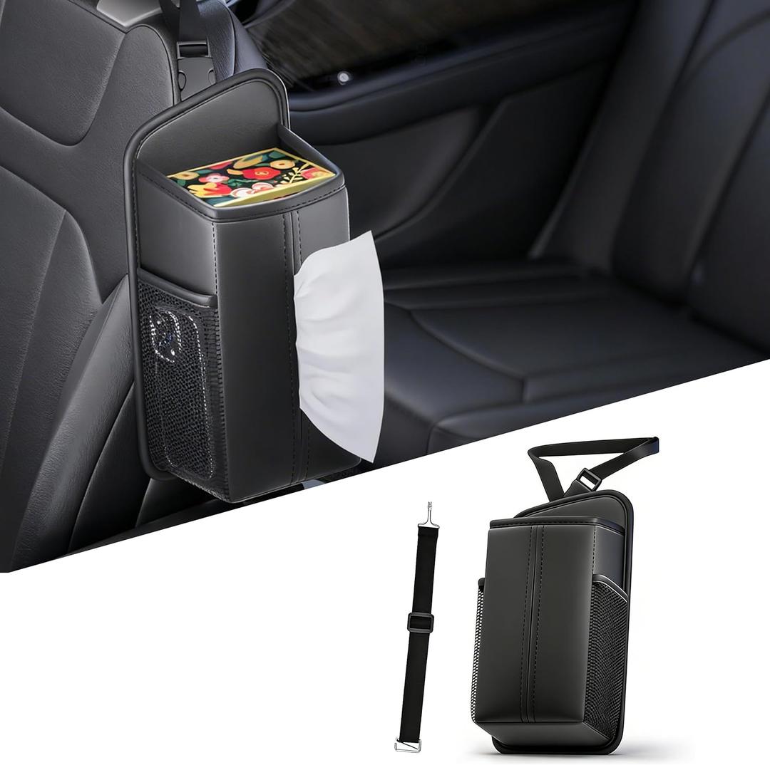 Car Tissue Holder for Front Seat, Headrest Organizer with 2 Side Mesh Pockets for Phones & Cards, L-Square Tissue Box Cover Holds 150 Tissues, Durable PU Leather