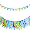 GCQQ Happy Birthday Banner 14PCS Green and Blue Cotton Bunting Flags 3.5M/11.5FT Reusable Double-Layer Garland for Boys Birthday Party, Jungle Theme Garden Farmhouse Indoor & Outdoor Party Decorations