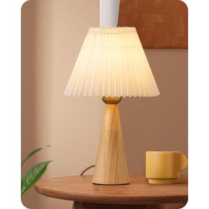 EDISHINE 13.58" Small Table Lamp, Wooden Base Nightstand Lamp, White Pleated Lampshade, Space-Saving Modern Bedside Lamp for Nursery Kids Room Bedroom Living Room, E26, ON-Off Button, Burlywood Base