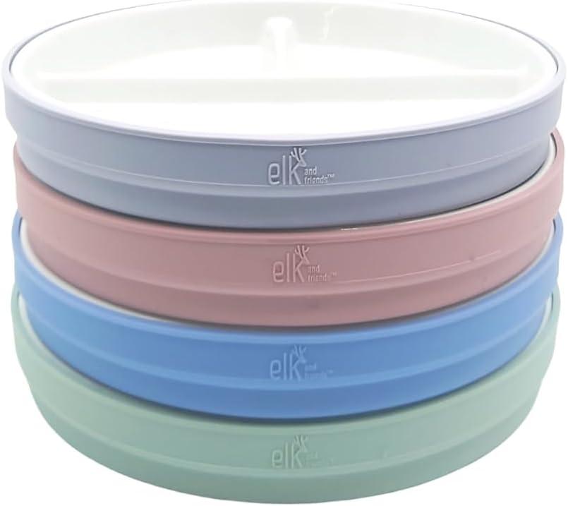 Elk and Friends Kids 7.8” Porcelain White Plates with Silicone Sleeves | Divided Plates | Suitable for Kids/Toddlers | Microwave & Dishwasher Safe | Non Slip | Snack Dishes…3 Pcs