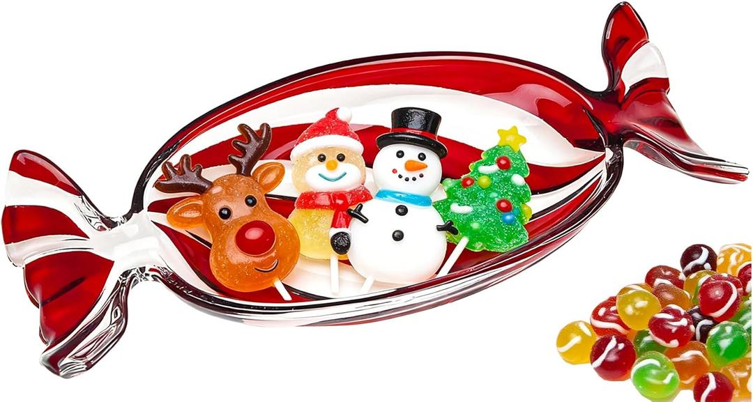 Christmas Candy Shaped Glass Dish Platter Oval Serving Tray Red Transparent Festive Dish for Xmas Holiday Party Cookies Fruit Peppermint Dessert Snack Charcuterie Decorative Gift, Large
