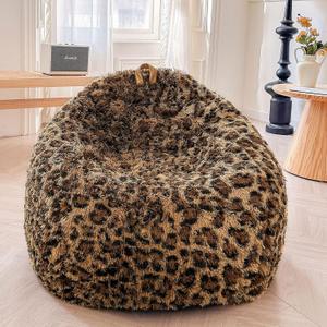 XeGe Faux Fur Leopard Print Bean Bag Chair Cover (No Filler), Fluffy Stuffed Animal Storage Cheetah Bean Bag Home Decor, Furry Fuzzy Big Beanbag Cover for Adults Teens Kids Girls, Anti-slip, Brown (Large(38"x38"x40"))
