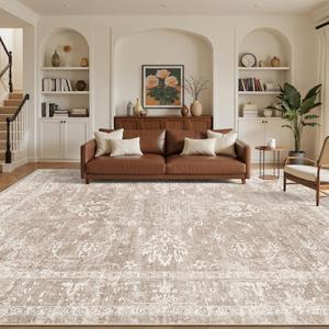 Madane 9x12 Area Rugs for Living Room, Machine Washable Rug with Non-Slip Backing, Soft Vintage Large Area Rug, Floral Print Floor Carpet for Bedroom Dining Room (9 x 12, Brown/Sand)