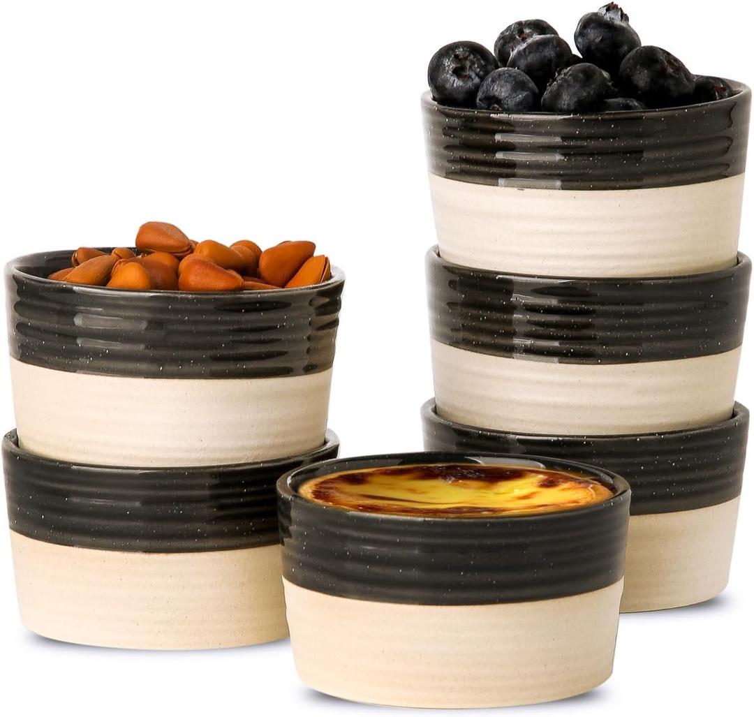 Hasense Porcelain Ramekins 4 oz Oven Safe, Mini Souffle Dishes Set of 6, Stylish Baking Cups, Perfect for Creme Brulee, Ice Cream, Dipping, Desserts, Appetizers, Glossy Black & Matte Ash Gray