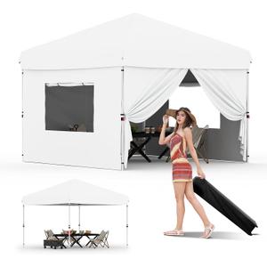 GarveeLife 10x10 Pop Up Canopy with 4Pcs Sidewalls Outdoor Canopy, White