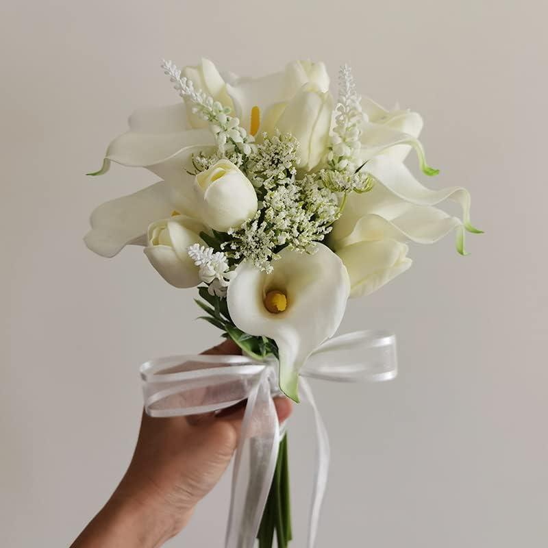Tulips Calla Lily Artificial Flowers | Real Touch |Bridal Bouquet | Wedding Bouquet Home Dcor Party (White) (White 1 Bouquet)