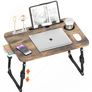 DECOSIS Laptop Desk for Bed Height Adjustable, Lap Bed Table with USB/ Storage Drawer/ Cup Holder/ Tablet Stand/ Book Shelf, Foldable Breakfast Tray Portable for Reading Writing, Sofa & Floor, Carbonized