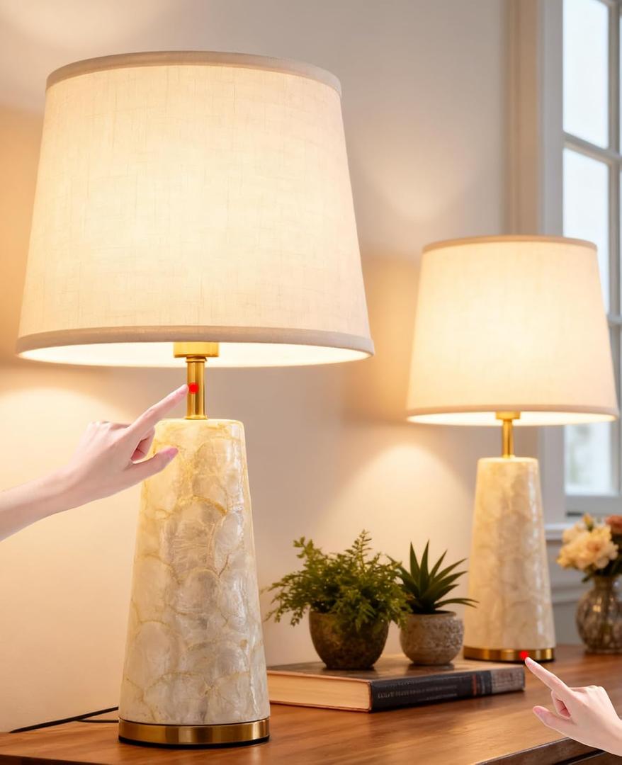 Coastal Table Lamps for Bedroom Nightstand Set of 2, Touch Control Ocean Beach Nautical Seashell Lamp, Modern Sea Shell Bedside Night Stands Light for Beachy Cottage Farmhouse Decor (Gold)