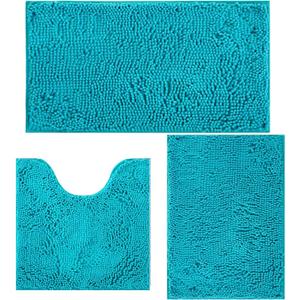 Bathroom Rugs Sets 3 Piece Non Slip,Bath Rugs with PVC Backing Bath Carpet,Bathroom Rug Washable,Absorbent,Plush Carpet Mats,Bath Mats for Bedroom, Kitchen,Tub,Home Decor (Turquoise) (16x24"+20x20"U shape+20x32")