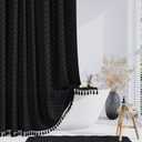 Dynamene Stall Fabric Shower Curtain, 48 Inch Wide Boho Farmhouse Tufted Chevron Striped Tassel Shower Curtain for Bathroom, Minimalist Ruffled Textured Cloth Shower Curtain Set, 8 Hook, 48x72, Black