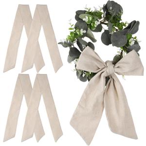 4 PCS Wreath Sash for Front Door, Linen Wreath Sash Garland Porch Decor, Neutral Fabric Sash for Window Wreaths, Long Hanging Ribbon for Holiday Garland, All-Season Decorative Wreath Accent