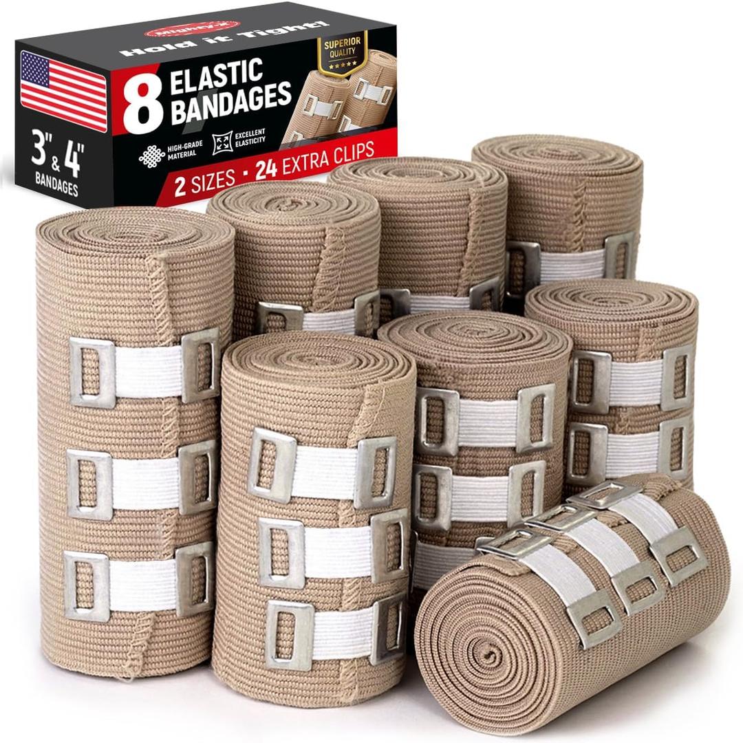 Premium Elastic Bandage Wrap  8pk (4x3, 4x4) + 24 Extra Clips  Strong Compression Bandage Wrap - Wrist, Ankle, Foot, Knee Wrap