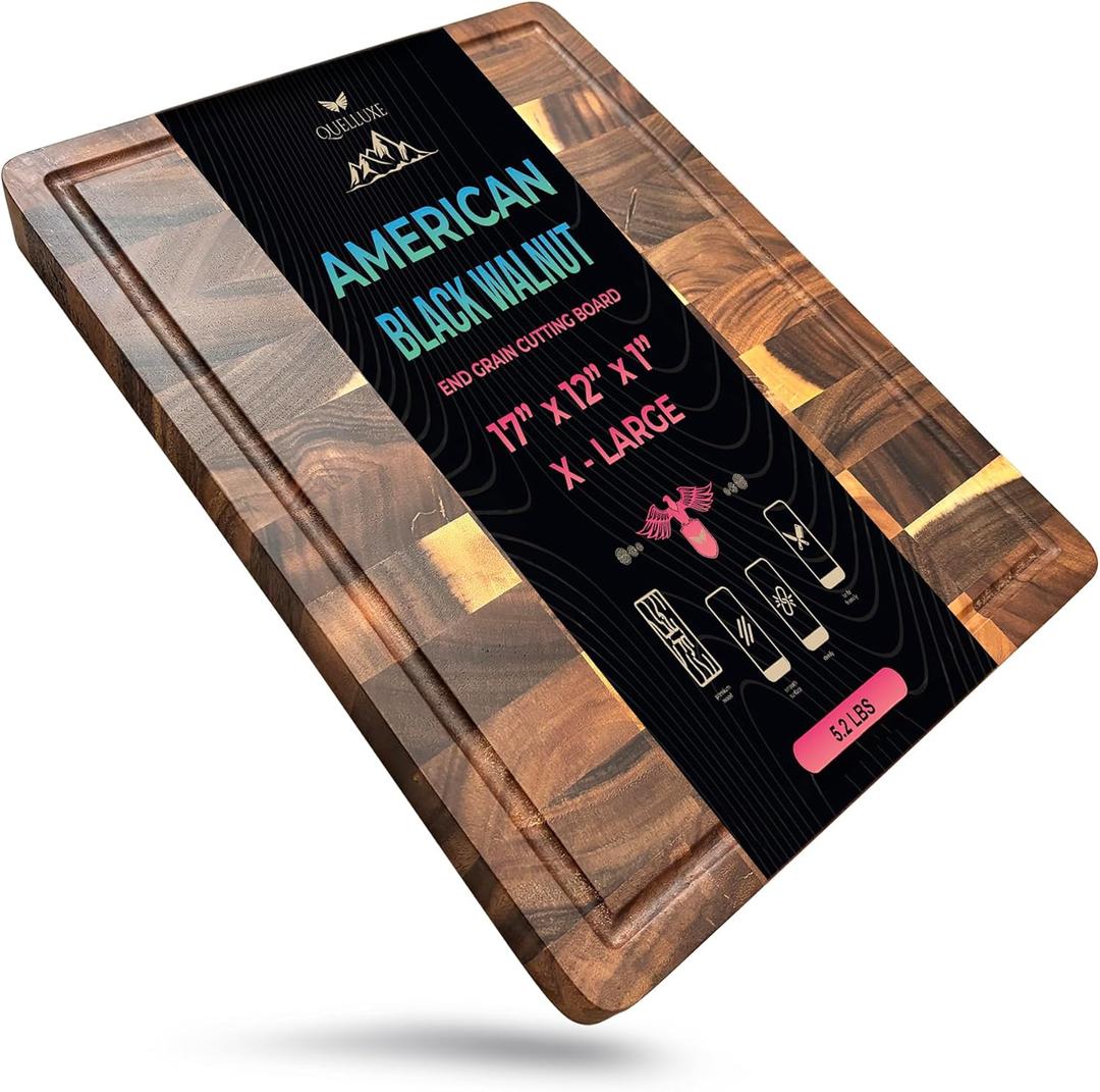 Walnut Wood End Grain Cutting Board for Kitchen with Juice Groove, Inner Handles, Heavy-Duty Butcher Block, Wooden Chopping Board, Charcuterie Boards 17" x 12" x 1" (17" x 12" x 1")