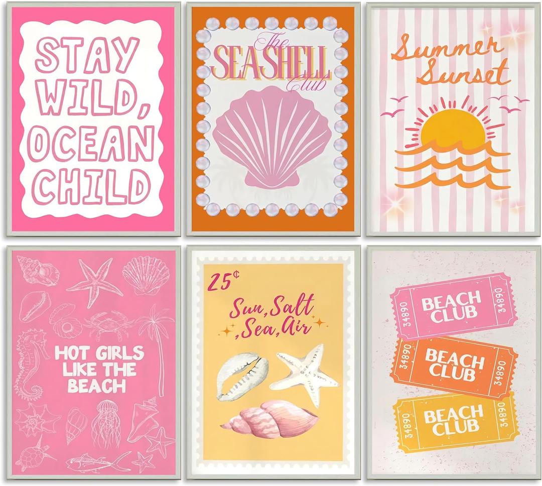 XXOUYLQ Pink Coastal Preppy Canvas Wall Art Coastal Granddaughter Print Aesthetic Room Painting Shells Oyster Posters Summer Beach Pictures Beach Club Wall Decor for Girls Room Dorm Home Unframed (16L"x12W"posters)