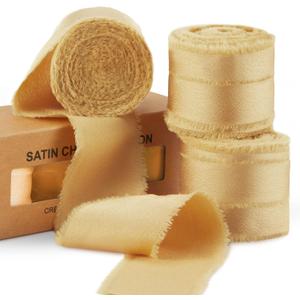 Keypan Gold Ribbon for Gift Wrapping, Silk Satin Chiffon Frayed Fabric Ribbons for Crafts Flower Bouquets Wedding Invitation Decor Baby Shower 1-1/2 inch x 21 Yd